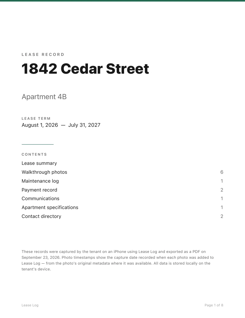 Cover of a sample Lease Log report, labeled demonstration only, listing the lease summary, walkthrough photos, maintenance, payments, communications, specifications and contacts.
