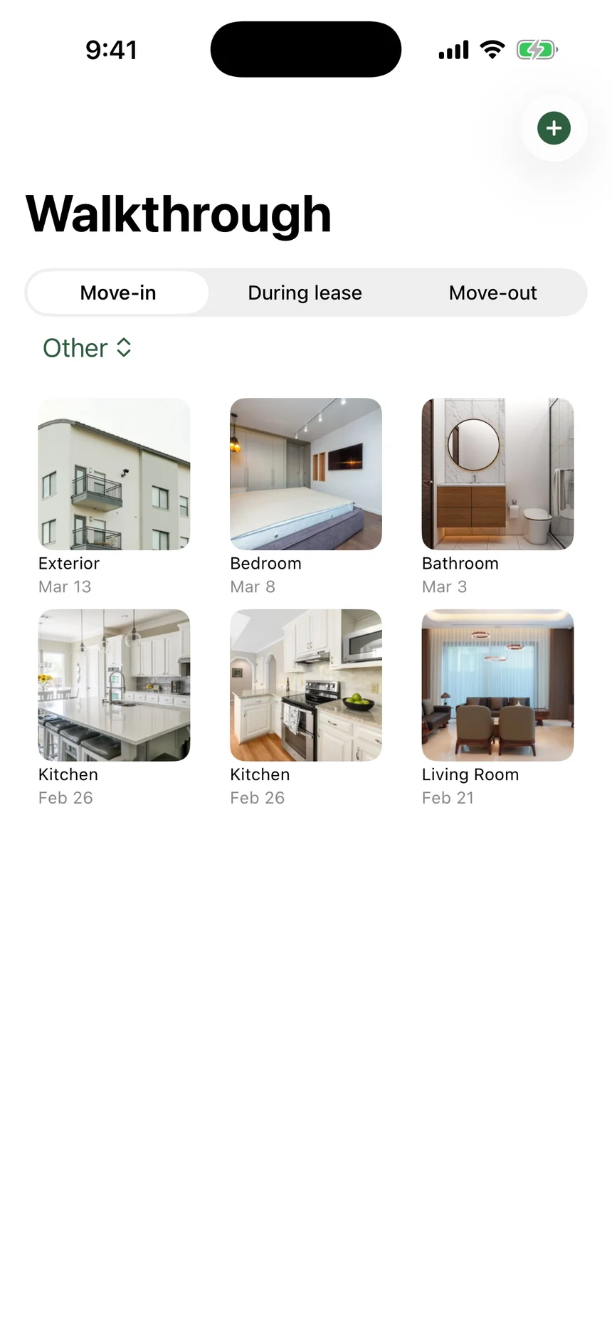 Lease Log walkthrough showing dated photos of an exterior, bedroom, bathroom, kitchen and living room, with move-in, during-lease and move-out tabs.