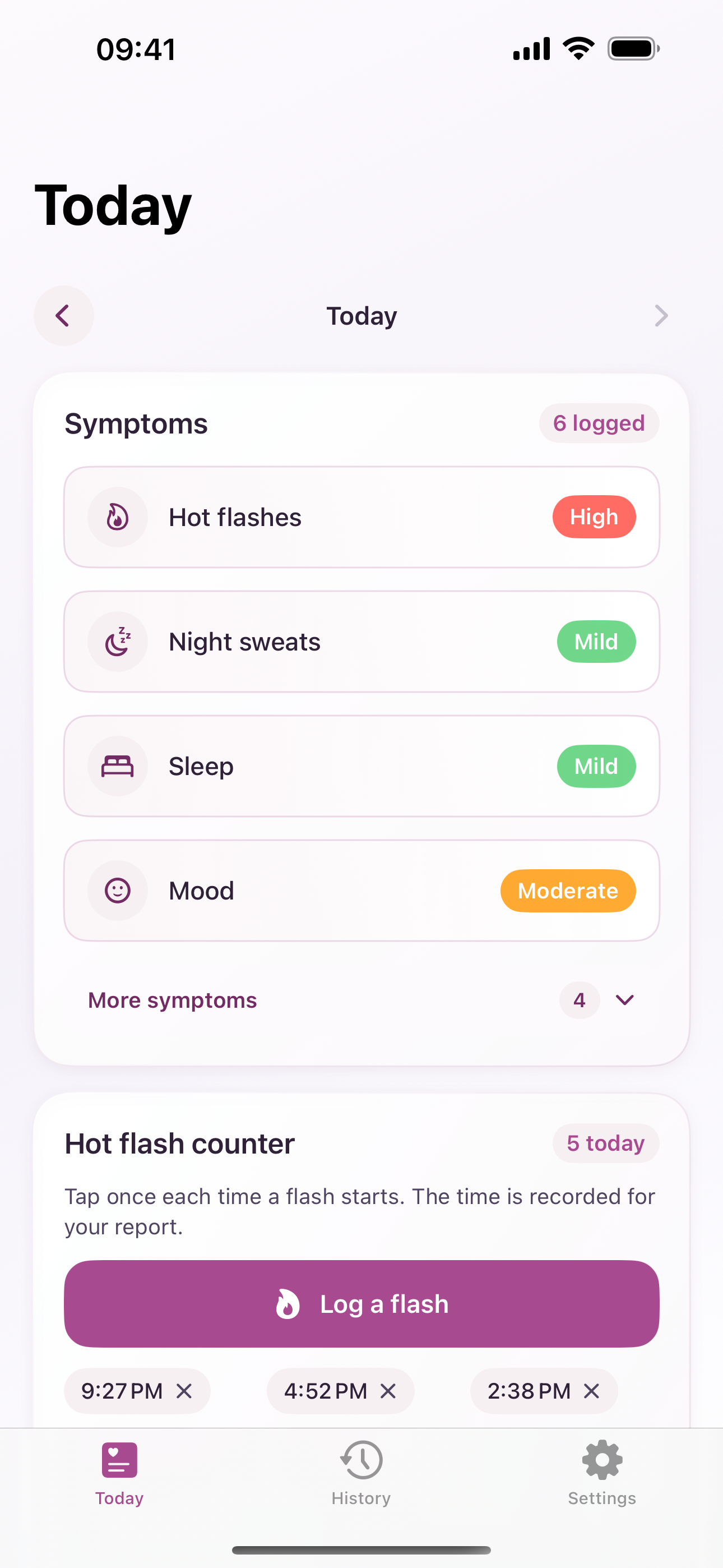 MenoLog Today screen showing symptom severity, a hot flash counter, and the Today, History and Settings tabs in a demonstration record.